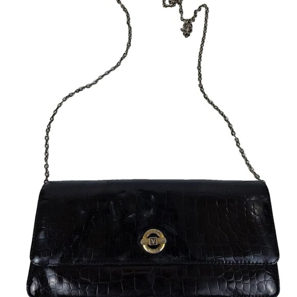 VALENTINO RUDY Patent Leather Designer Lockable Chain Handle Clutch Black BAG - Picture 1 of 14